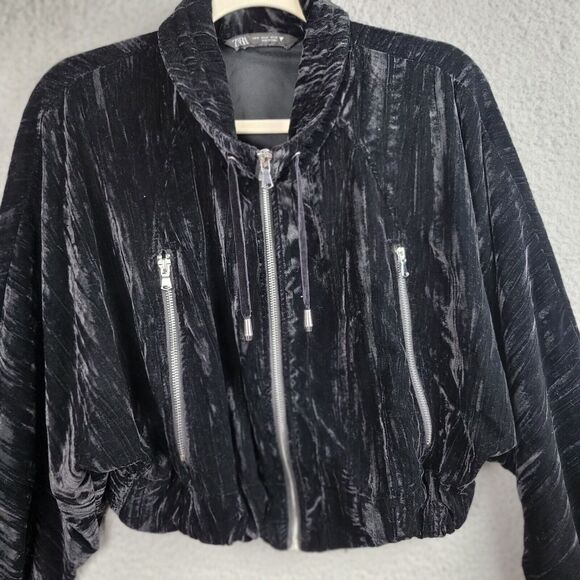 Zara Jacket Womens M Black Crushed Velvet Cropped Silver Zipper Pockets Dolman - Picture 10 of 15